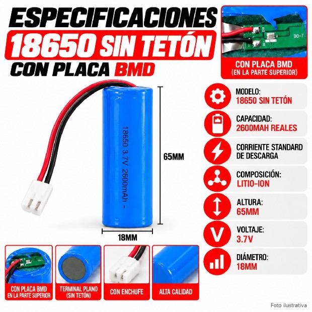 &ua BATERIA PILA RECARGABLES 18650 3,7V + CONECTOR + BND (2372a)